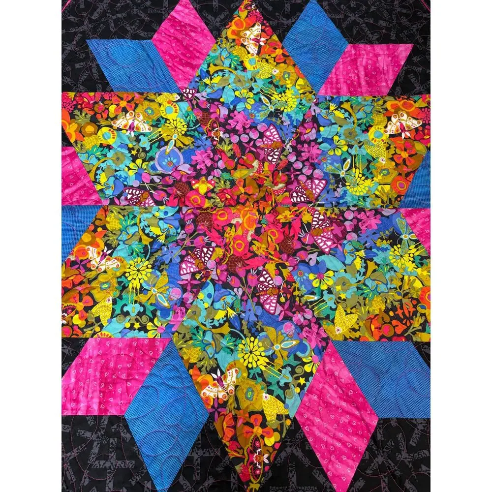 Handmade Quilted Hexagon Table Topper Floral Lone Star Pattern 42